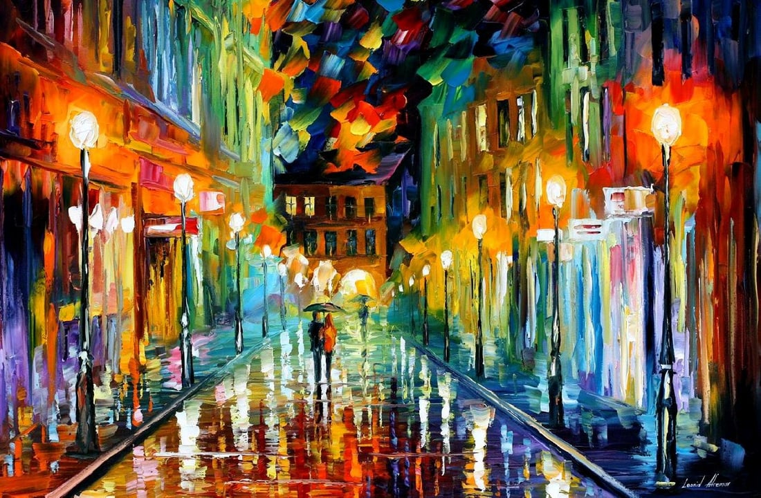 Studio recreation of a painting of Leonid Afremov (1955-2019): ROMANTIC EVENING, oil painting, dimensions (width × height): 36 × 24 in (914 × 610 mm)