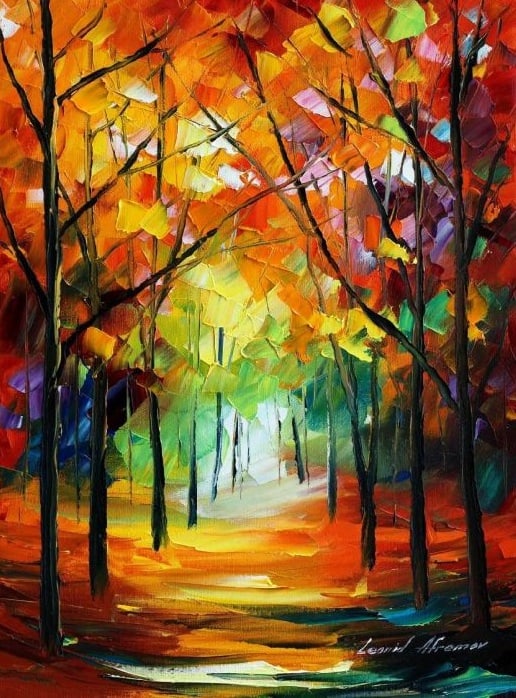 Studio recreation of a painting of Leonid Afremov (1955-2019): FOREST PERSPECTIVE, oil painting, dimensions (width × height): 20 × 24 in (508 × 610 mm)