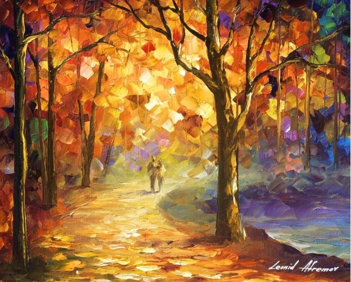 Original recreation, Leonid Afremov (1955-2019): ORANGE SMOOTHNESS, Original recreation oil painting, dimensions (width × height): 20 × 16 in (508 × 406 mm)