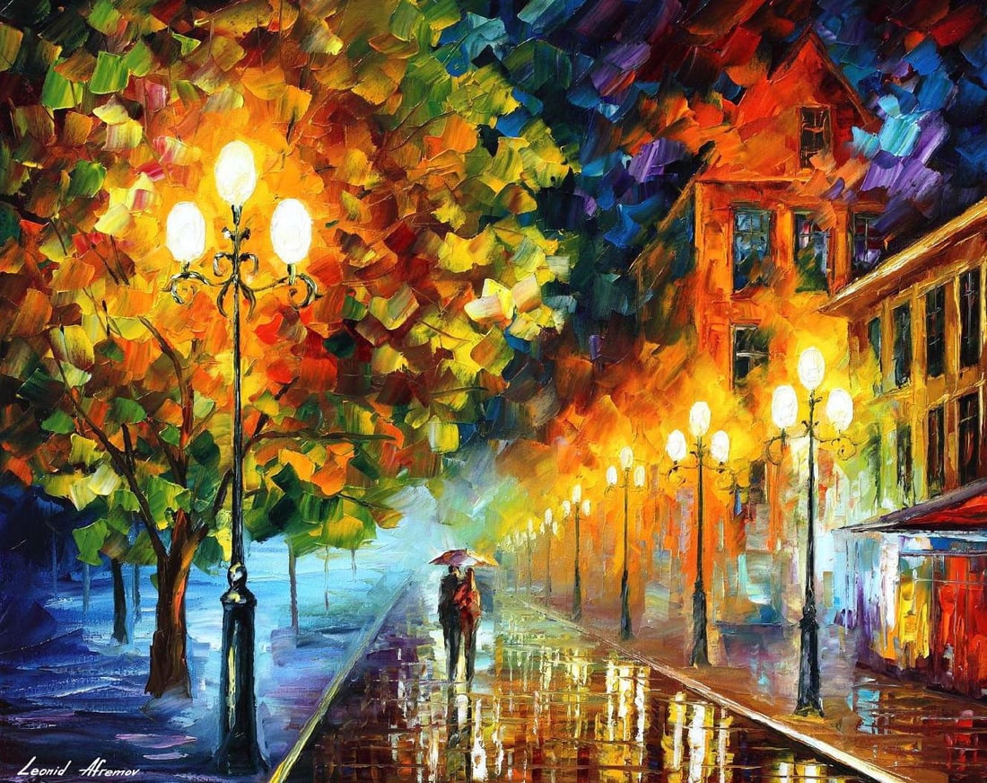 Original recreation, Leonid Afremov (1955-2019): ROMANTIC MOON NIGHT, Original recreation oil painting, dimensions (width × height): 30 × 24 in (762 × 610 mm)