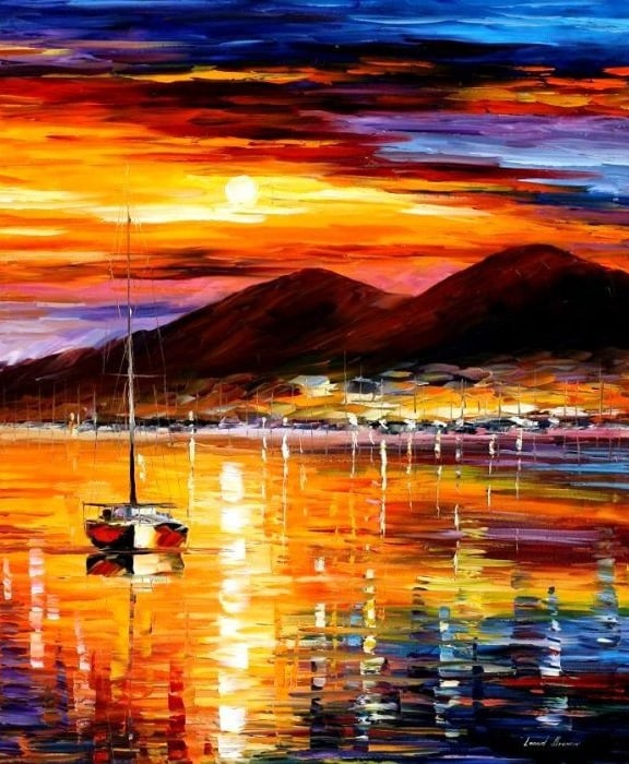 Studio recreation of a painting of Leonid Afremov (1955-2019): NAPLES — SUNSET ABOVE VESUVIUS, Studio recreation oil painting, dimensions (width × height): 16 × 20 in (406 × 508 mm)