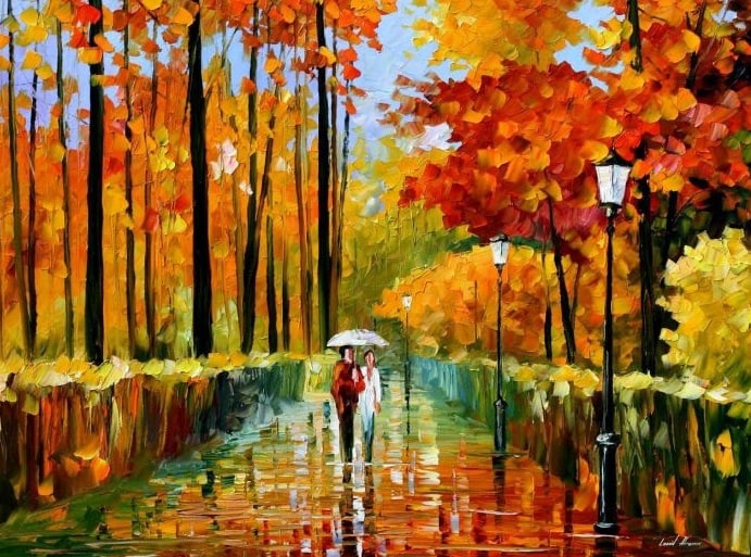 Leonid Afremov (1955-2019): AUTUMN RAIN IN CITY PARK, Original oil painting, dimensions (width × height): 54 × 40 in (1372 × 1016 mm)