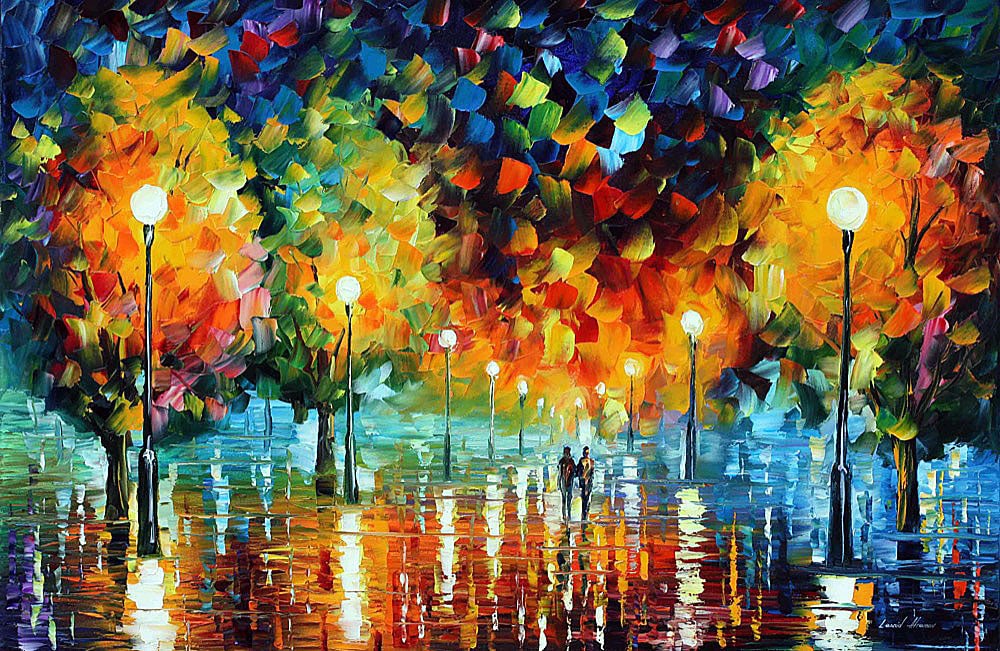 Studio recreation of a painting of Leonid Afremov (1955-2019): NIGHT ALLEY WALK, Studio recreation oil painting, dimensions (width × height): 20 × 16 in (508 × 406 mm)