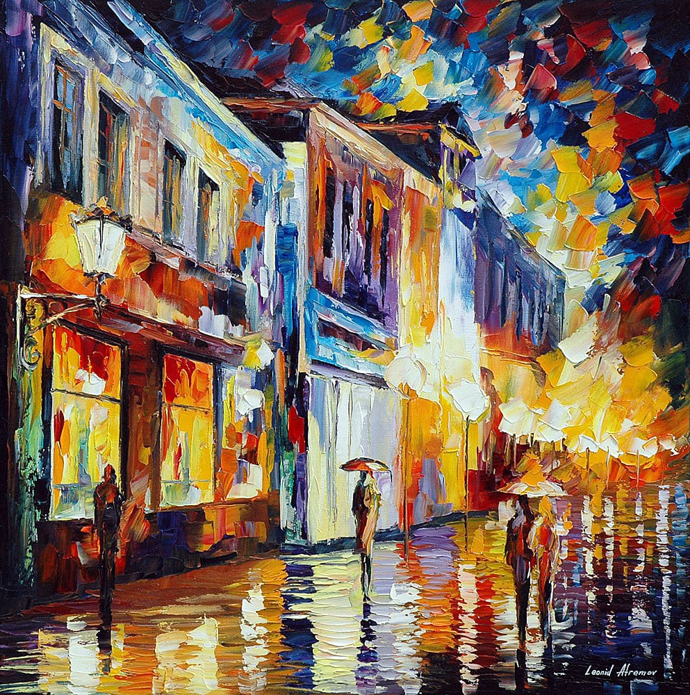 Studio recreation of a painting of Leonid Afremov (1955-2019): GLOWING RAIN, Studio recreation oil painting, dimensions (width × height): 24 × 30 in (610 × 762 mm)