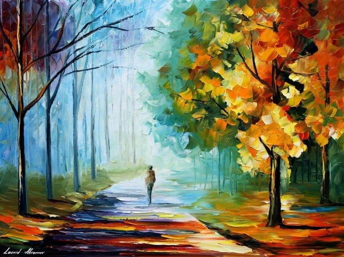 Studio recreation of a painting of Leonid Afremov (1955-2019): ALONE IN THE FOG, Studio recreation oil painting, dimensions (width × height): 30 × 24 in (762 × 610 mm)