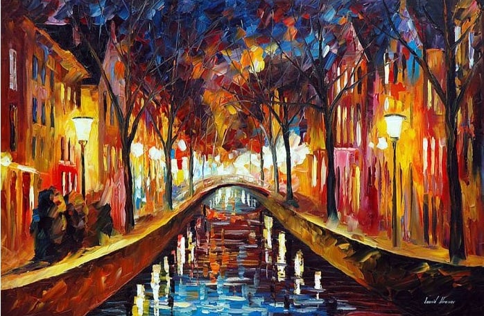 Studio recreation of a painting of Leonid Afremov (1955-2019): AMSTERDAM - FASCINATING EVENING, Studio recreation oil painting, dimensions (width × height): 40 × 30 in (1016 × 762 mm)