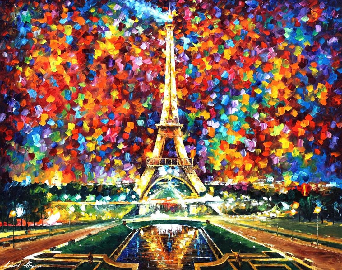 Studio recreation of a painting of Leonid Afremov (1955-2019): PARIS OF MY DREAMS, Studio recreation oil painting, dimensions (width × height): 36 × 30 in (914 × 762 mm)