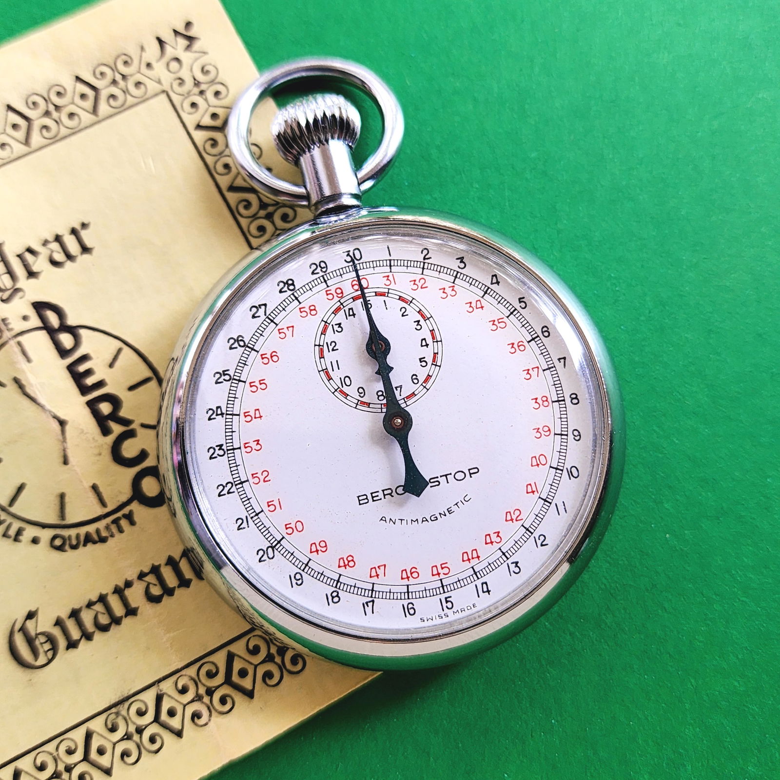 Vintage Berco Swiss Stopwatch With Paperwork: Not ticking. Pusher appears to be missing