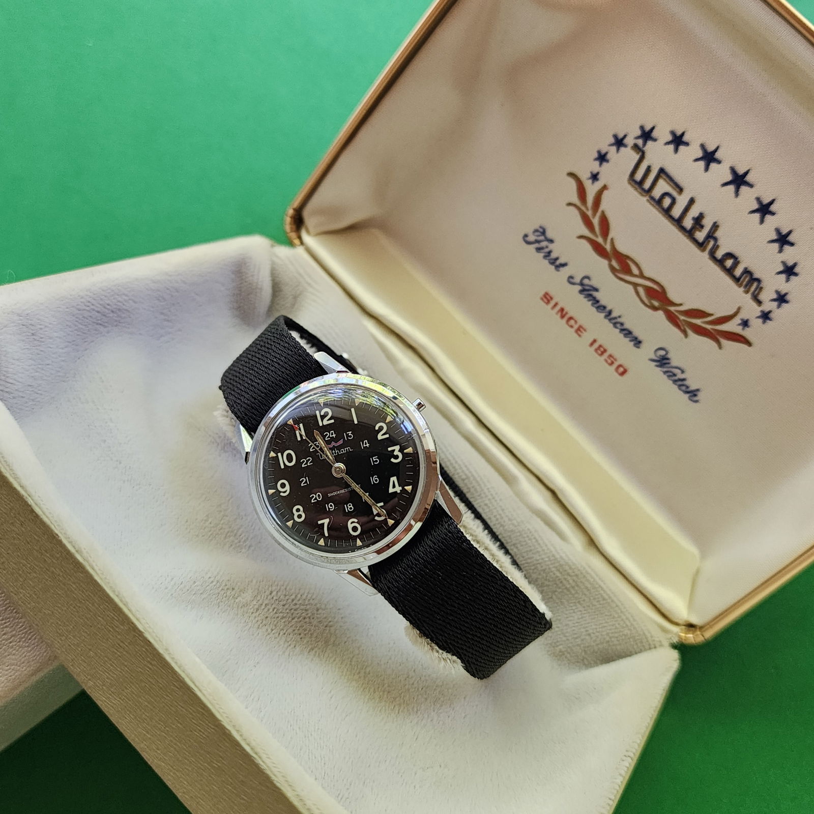 Waltham Military Style Black Dial Watch: Missing parts. Case is smaller in size (30mm wide)