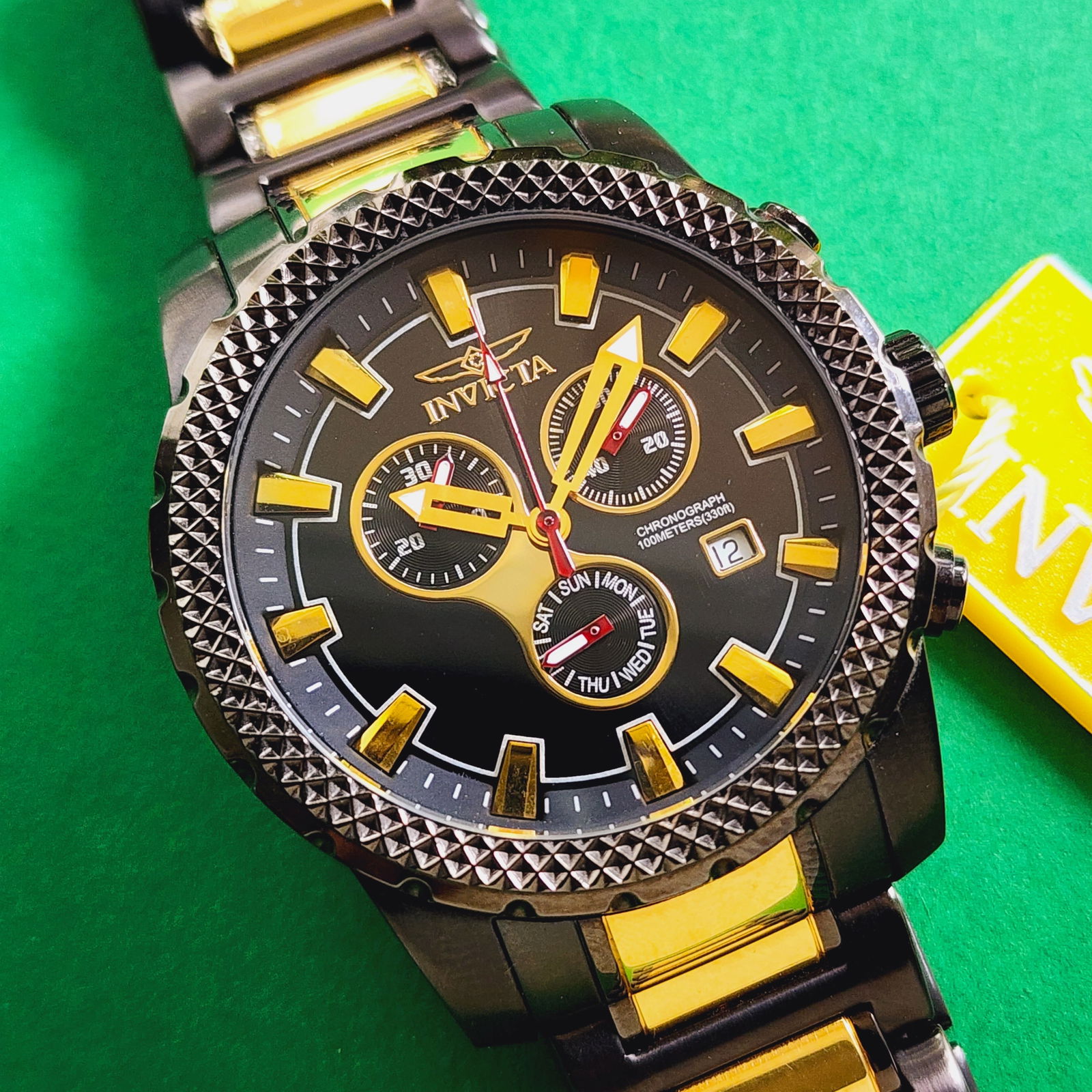 Invicta Chronograph Watch Black Gold RRP $495: Ticking