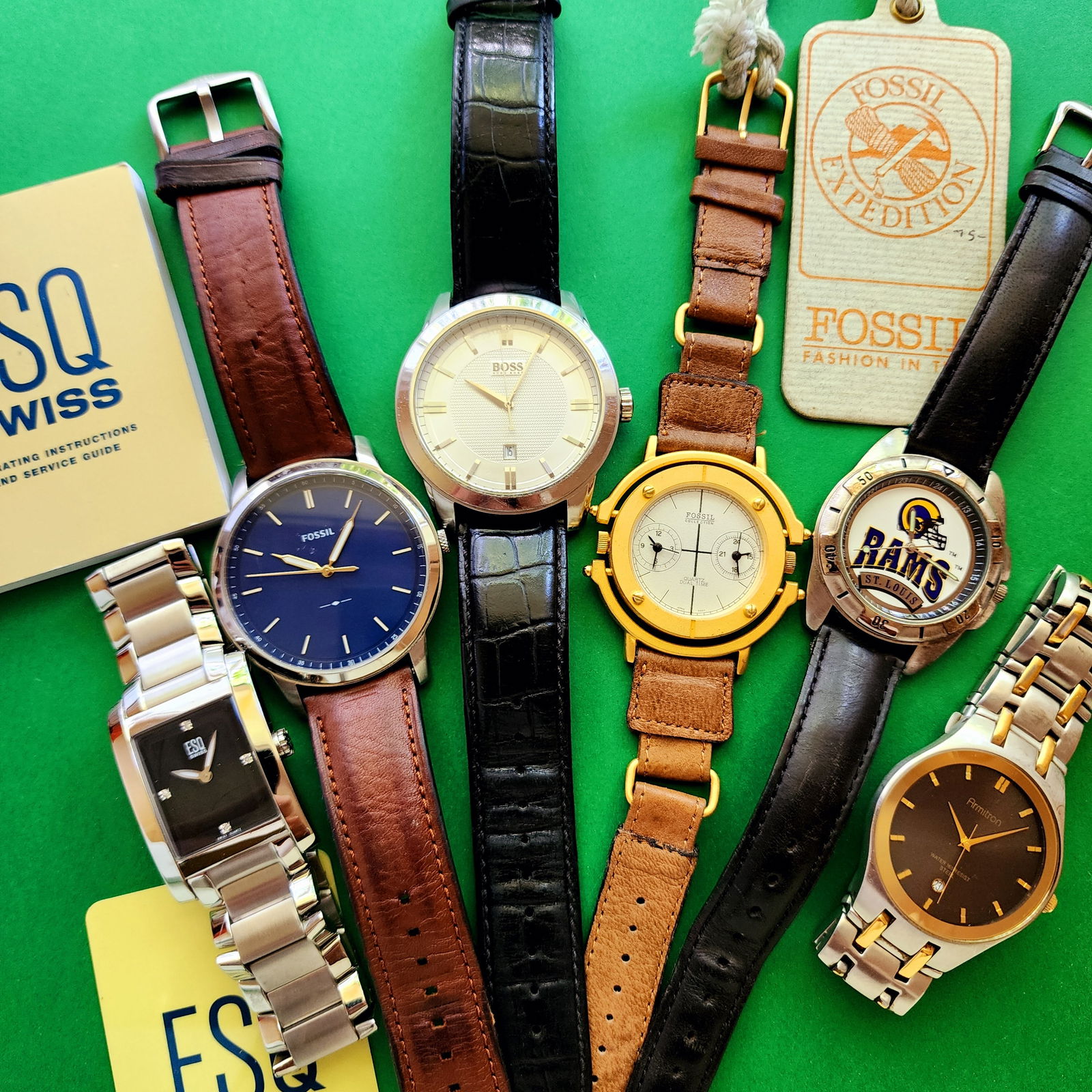 Watch Lot ESQ Armitron Fossil Rams Hugo Boss: Untested. Condition as per photos