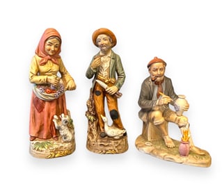 Lot of 3 Vintage Porcelain Figurines: Old Farmer Couple & Old Man Painting