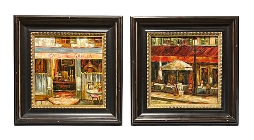 Pair of Genre Cafe Oil Paintings