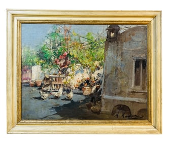 Courtyard Oil Painting by Mario Maresca CHICKENS IN COURTYARD