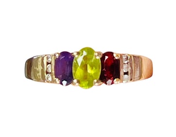 10k Yellow Gold 3 Gemstone Ring w/ Pave Diamonds - Amethyst, Peridot and Garnet