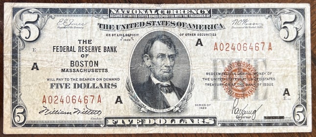 1929 $5 U.S. National Currency The Federal Reserve of Boston