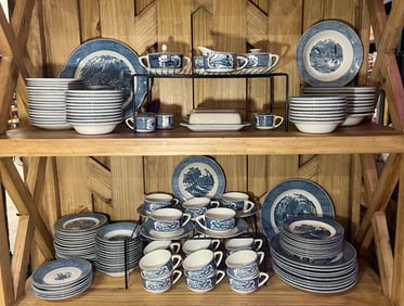 Large 138 Piece Set of Currier & Ives 'Early Winter' Ceramic Dinnerware