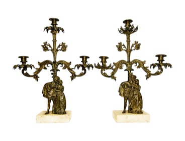 Pair of Antique Brass & Marble Candelabras