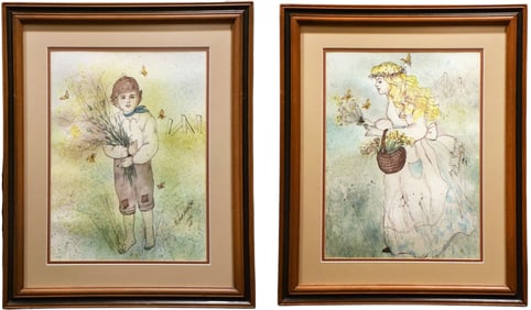 Companion Pair of Watercolor / Pen & Ink Portrait Paintings