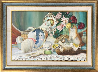 Playful Kittens / cats Oil Painting After H.G. Plumb THE FIVE SENSES