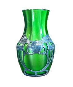Antique Loetz Art Nouveau Green Glass Vase With Silver Overlay