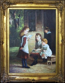 Large Portrait Oil Painting by Sergi Alice After William Hahn CHILDREN PLAYING SCHOOL