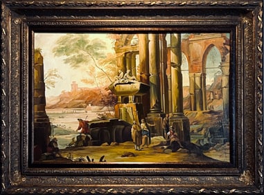 Capriccio Oil Painting, Imaginary Scene with Ruins and Figures, ? la Marco Ricci