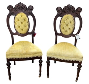 Antique Pair of Victorian Finely Carved Mahogany Side Chairs