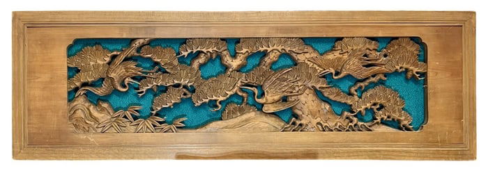 Antique Japanese Ranma w/ Hand Carved Flying Cranes & Pines