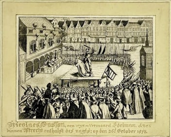 Rare 16th c. Dutch Woodcut Engraving BEHEADING OF NICOLAS GOSSON AT ATRECHT