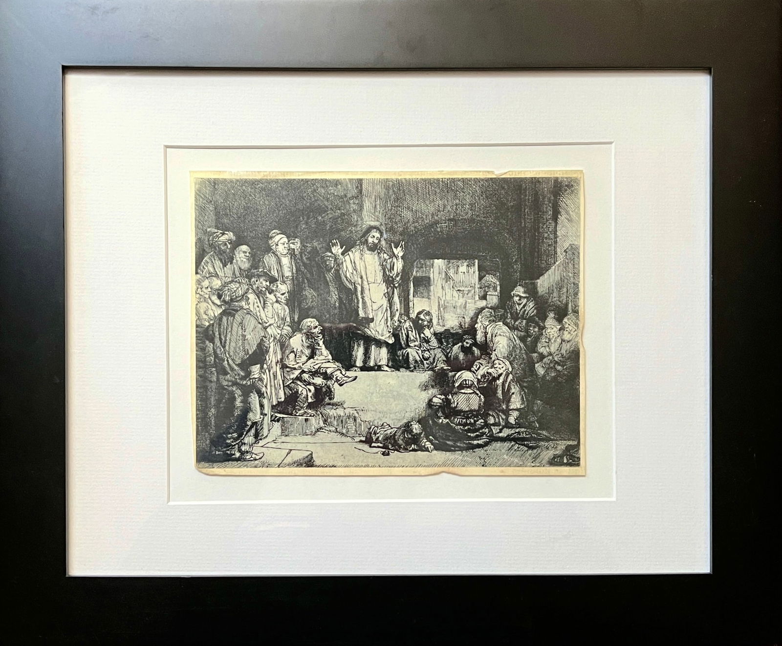 Rembrandt, Christ Preaching ('La Petite Tombe') Drypoint Etching: Rembrandt, Christ Preaching ('La Petite Tombe'), etching / drypoint on laid paper, orig. c. 1657, resembles "black sleeve" impression of New Hollstein's first state | Approx. Size: Sheet: 6" H x 8" W.