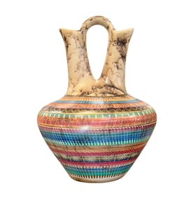 Remarkable Large Navajo Etched Horse Hair Rainbow Wedding Vase Pottery by Sylvia Johnson