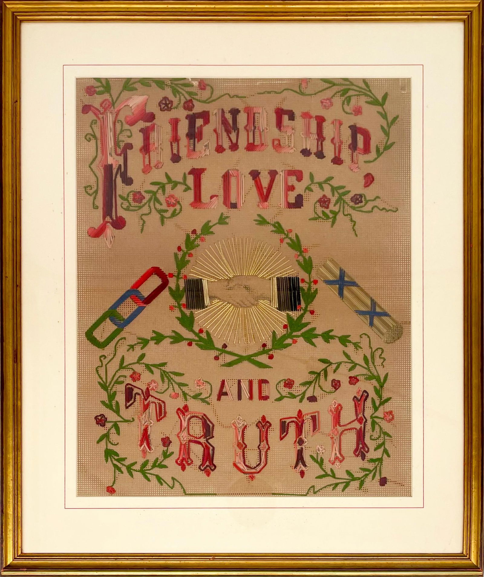 Rare Antique 19th c. Odd Fellows Hand-Stitched Needlepoint (1 of 5)