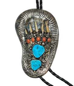 Vintage Navajo Evelyne & Edward James Sterling Turquoise & Coral Bear Claw Bolo Tie