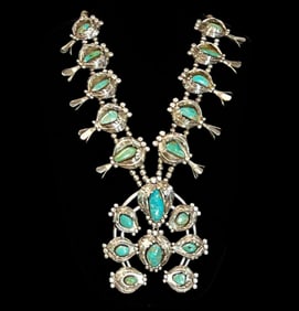 Vintage Navajo Wilber Benally Turquoise & Sterling Squash Blossom Necklace