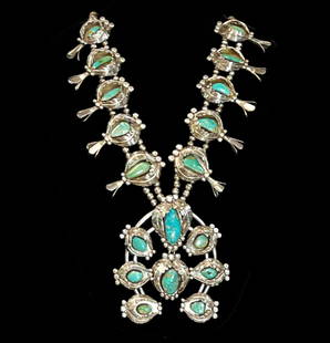 Vintage Navajo Wilber Benally Turquoise & Sterling Squash Blossom Necklace: Vintage Native American Navajo Turquoise &amp; Sterling Squash Blossom Necklace | Signed and marked sterling on underside of the Naja pendant; Signed by the artist with initials &quot;WB&quot; represe