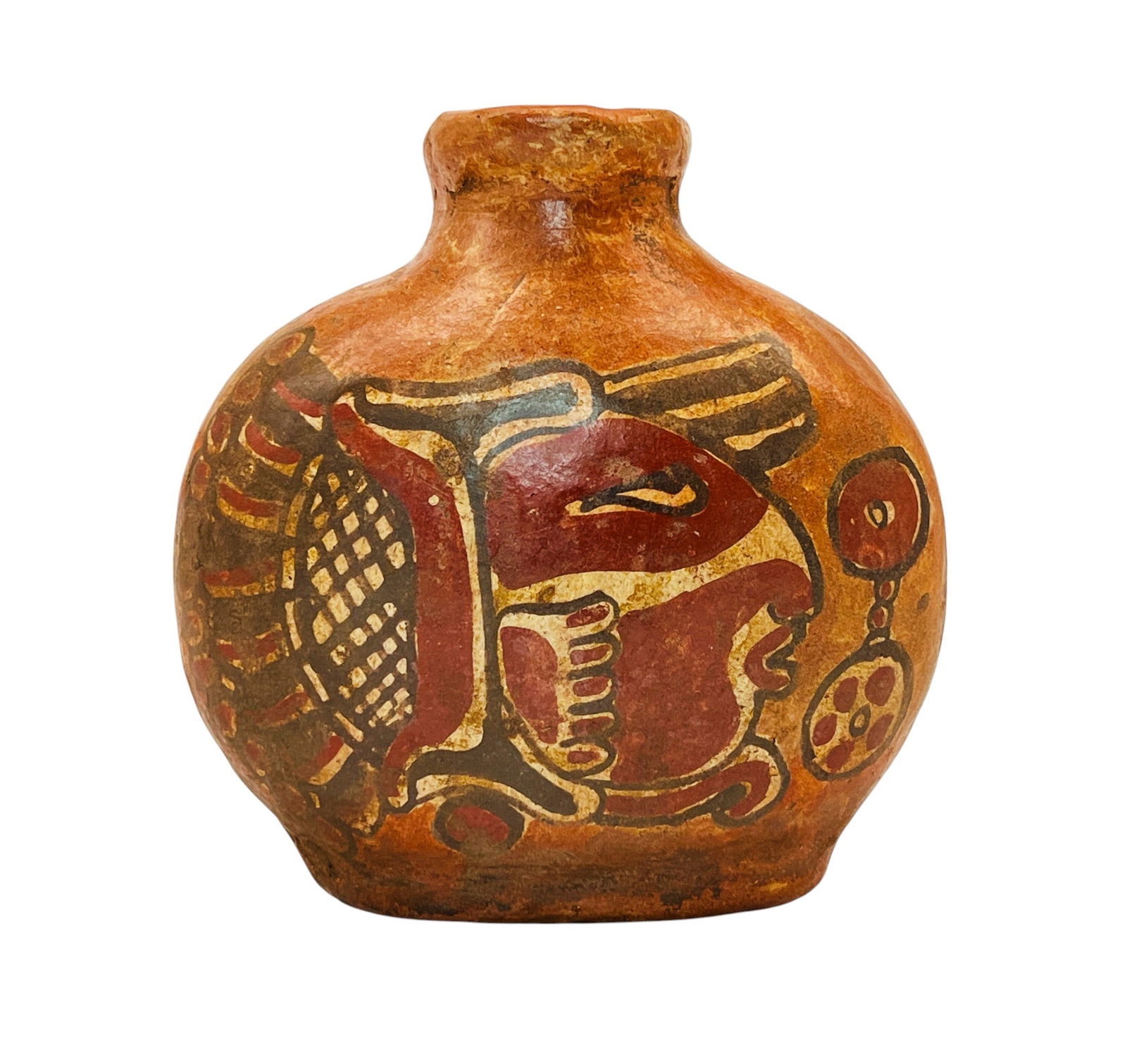Pre-Columbian Mayan Copador Polychrome Flask (Poison Bottle): Pre-Columbian Mayan Copador Polychrome Flask / Bottle (Potion Flask / Poison Bottle) | Terracotta flask with everted rim painted in the ceramic style of Classic Cop??n Polychrome using deep red, black