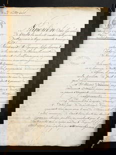 Napoleon III French Imperial Legal Manuscript Document: Napoleon III French Imperial Legal Manuscript Document. Dated December 6, 1856. Handwritten and signed on thick laid paper, punched, hallmarked, stamped, embossed, watermarked, with scrolled ink text.
