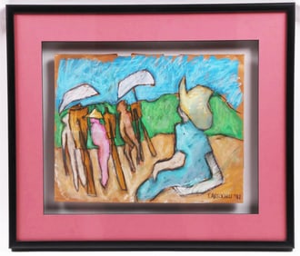 Rare Recycled Art By Outside Artist Tom Antonelli - Pastel on Shopping Bag