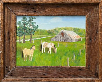Arkansas Folk Art Landscape Oil Painting by Clarrissa Timmons Entitled BUCK & MAJOR