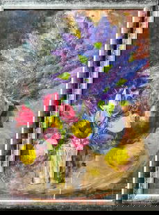 Dutch Impressionism Still Life Oil Painting: Dutch Still Life Oil Painting Post-Impressionist Style | Oil on Panel | Hand Signed "Vincent" | The image is a still life painting of flowers in vases. In post-Impressionist style, the painting has vi