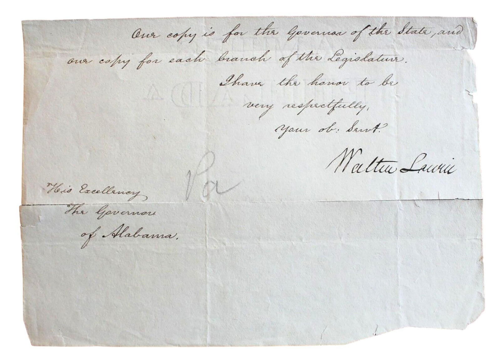 Sen. Walter Lowrie 1825 Signed Autographed Letter to Alabama Gov. Gayle, c. 1825 (ALS) (1 of 2)