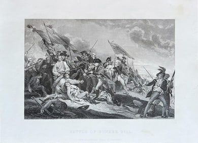 Antique Revolutionary War Engraving BATTLE OF BUNKER HILL After Trumbull