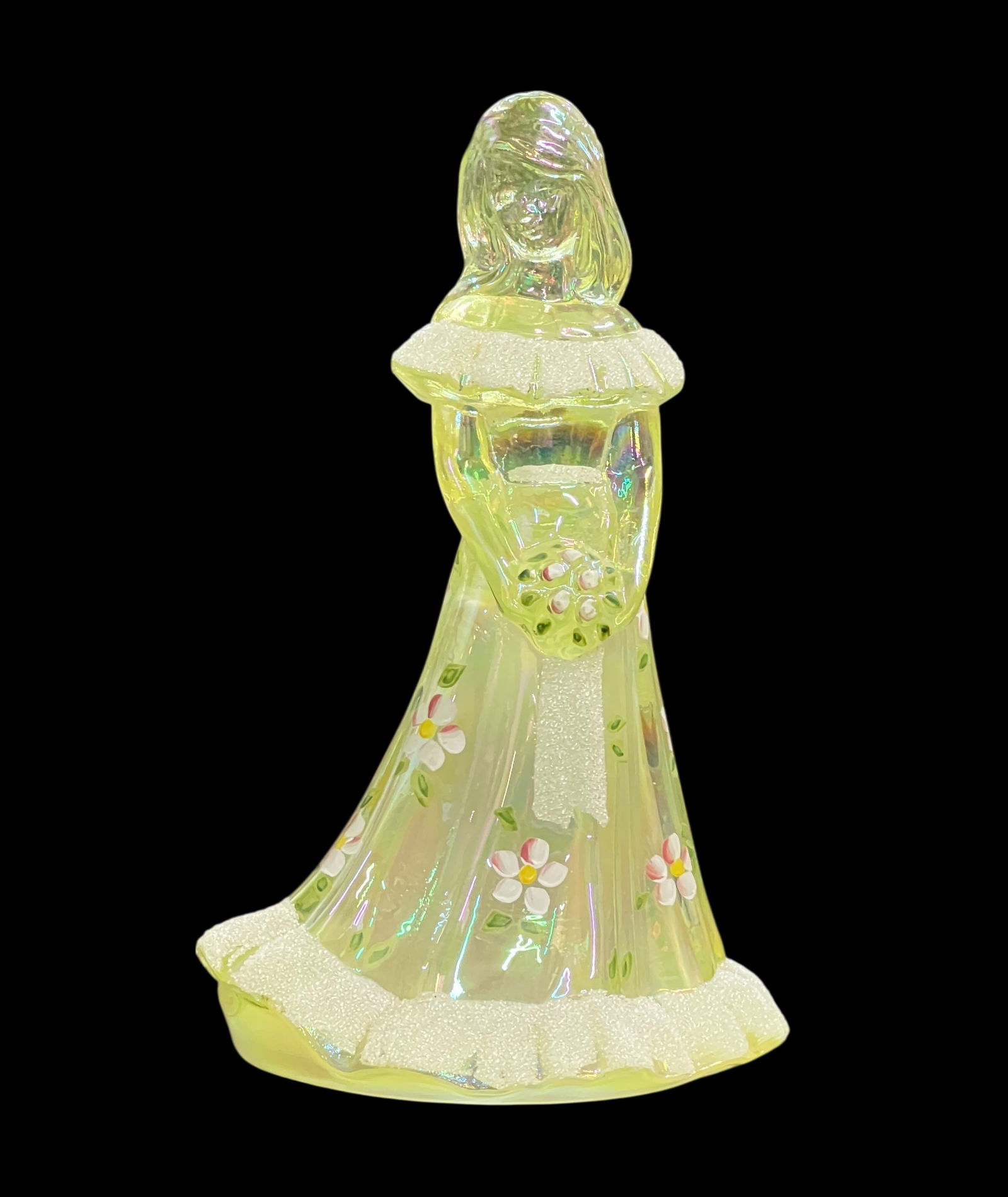Fenton Iridized Topaz Vaseline Glass Bridesmaid Figurine: Fenton Iridized Topaz Vaseline Glass Bridesmaid Figurine | Hand decorated with paint frit throughout | Stamp marked with oval "Fenton", Fenton silver label and hand signed "handpainted by K. Bushkirk"