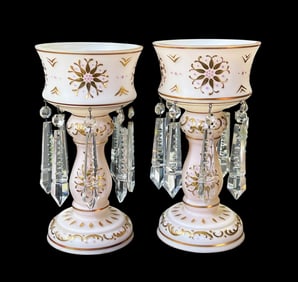 Antique Pair of Victorian Czech Bohemian Luster Mantel Glassware w/ Crystal Prisms
