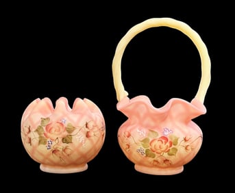 Set of 2 Fenton Iridized Burmese Diamond Optic Hand Painted Floral Vessels