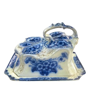 Antique English Flow Blue Ceramic Wedge Cheese Keeper