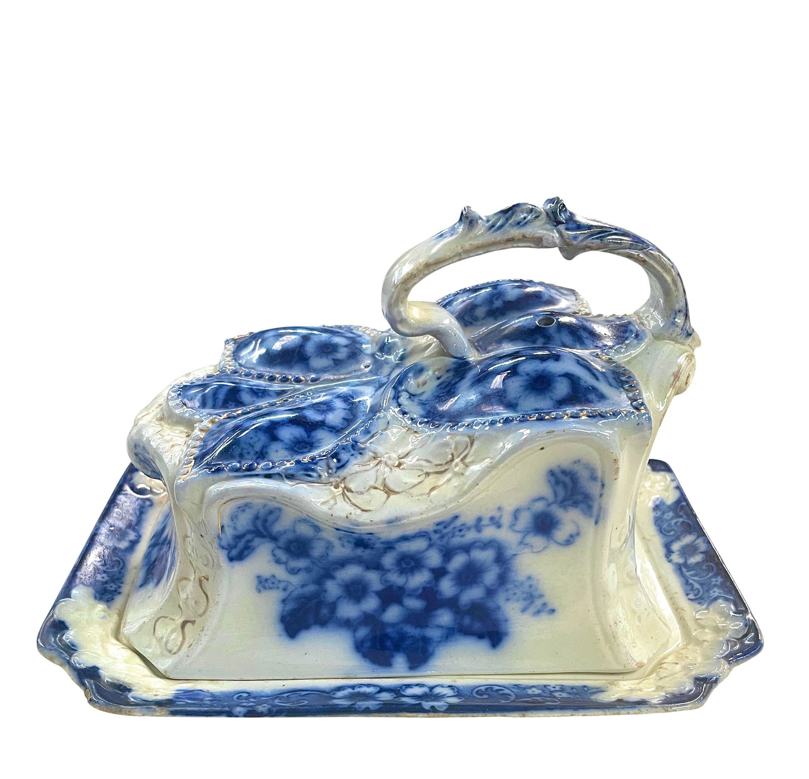 Antique English Flow Blue Ceramic Wedge Cheese Keeper (1 of 4)