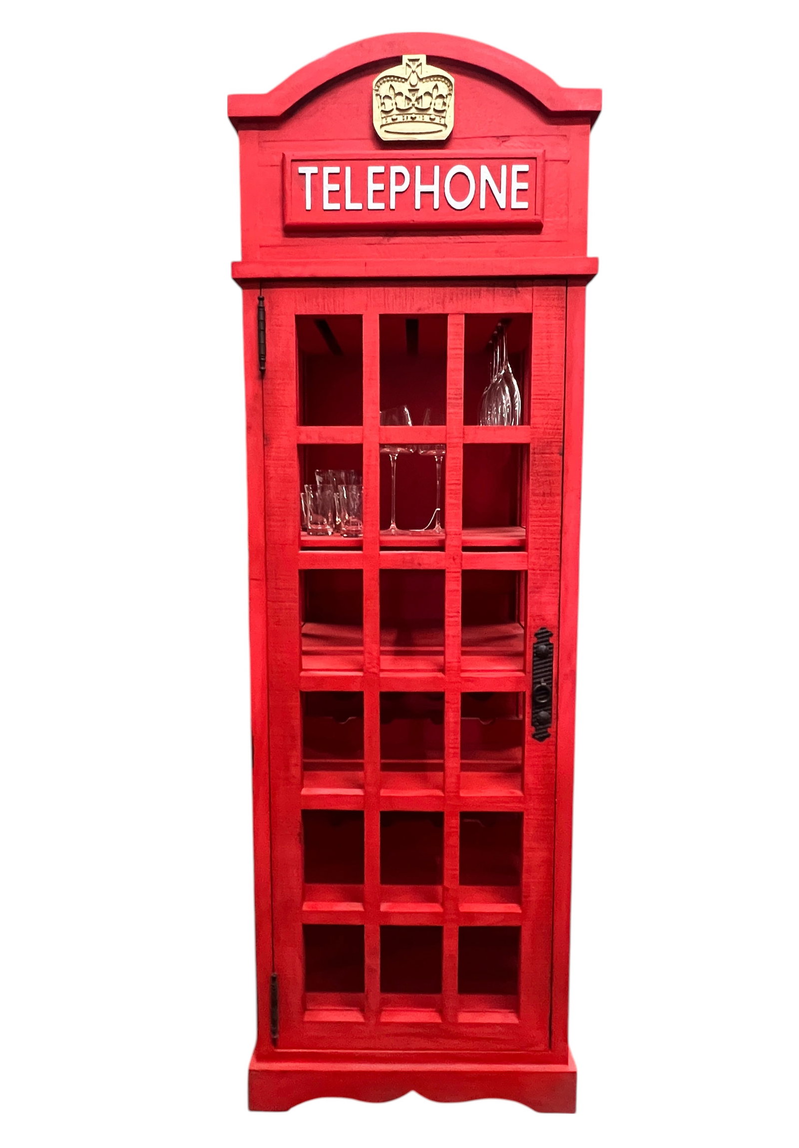 Iconic British Telephone Booth Cabinet. - 6.5' Wood Bar & Wine Cabinet: Large Iconic British Telephone Booth Bar & Wine Cabinet. Carved Wood Standing Shelf and Rack Display Cabinet in the style of the iconic UK red telephone booth, often referred to as the K2 (Kiosk 2) mo