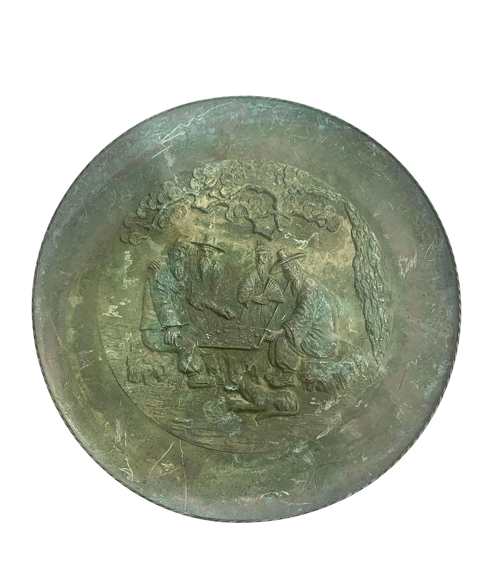 Hammered Metal Bas-Relief Plaque – East Asian Style Scene of Scholars (1 of 6)